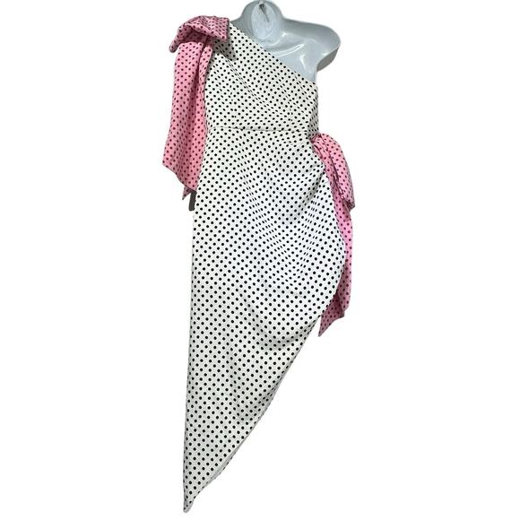 Marianna Senchina One Shoulder Polka Dot Dress XS White Pink Bow Asymmetrical - Picture 2 of 8
